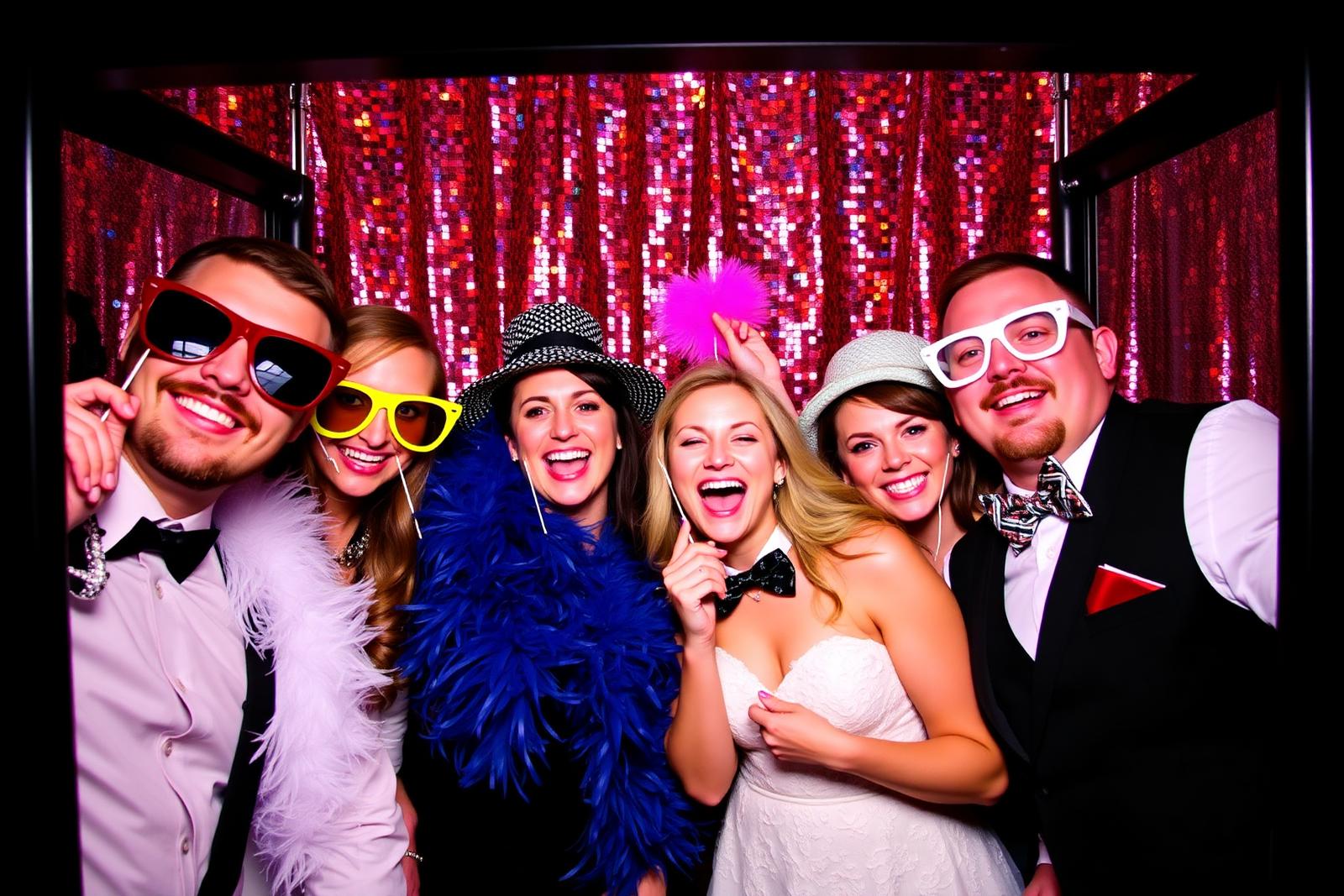 Wedding guests laughing inside a photo booth with fun props and a sequin backdrop