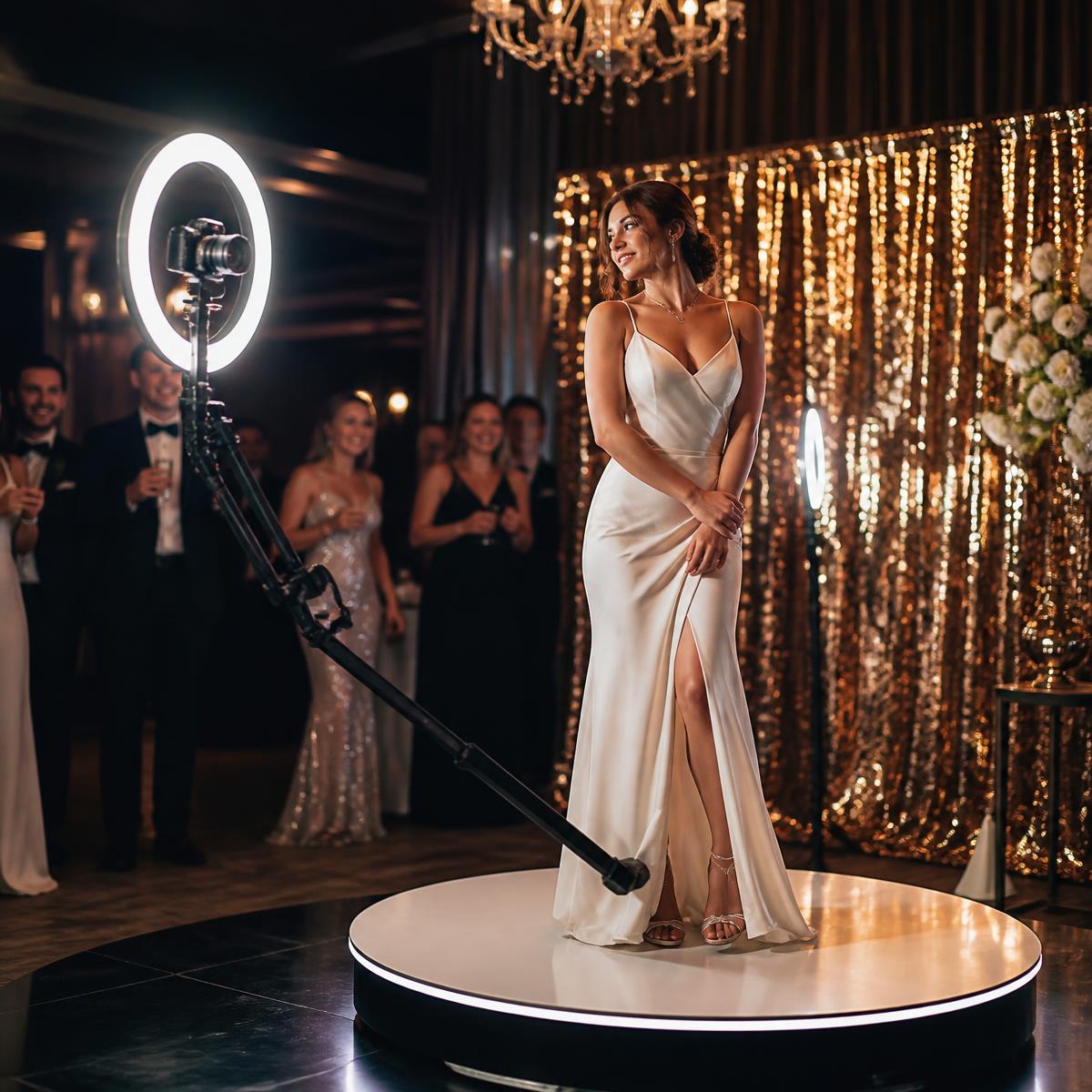 Guest posing on a 360 spin photo booth platform at a wedding