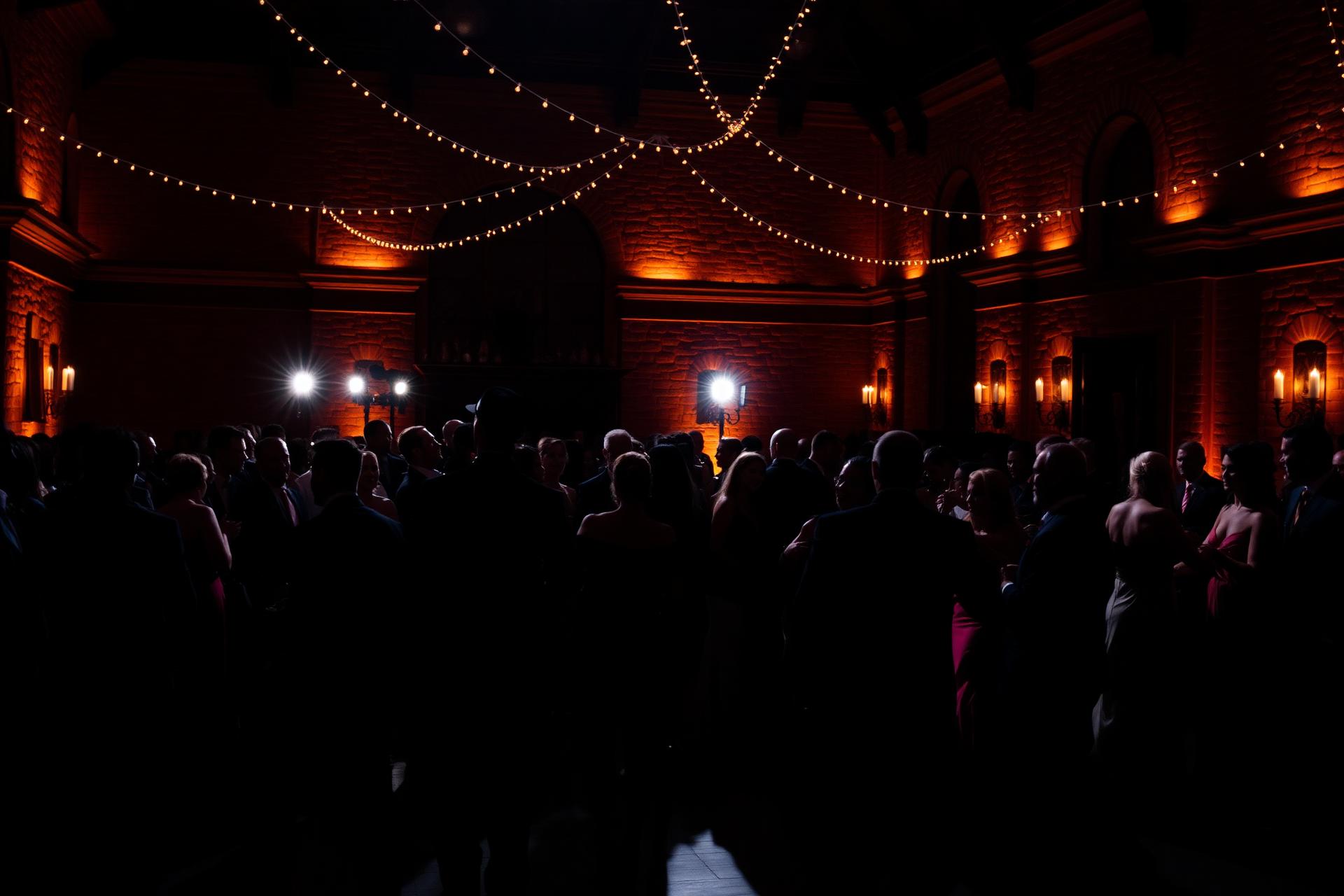 Packed luxury wedding dance floor with warm uplighting