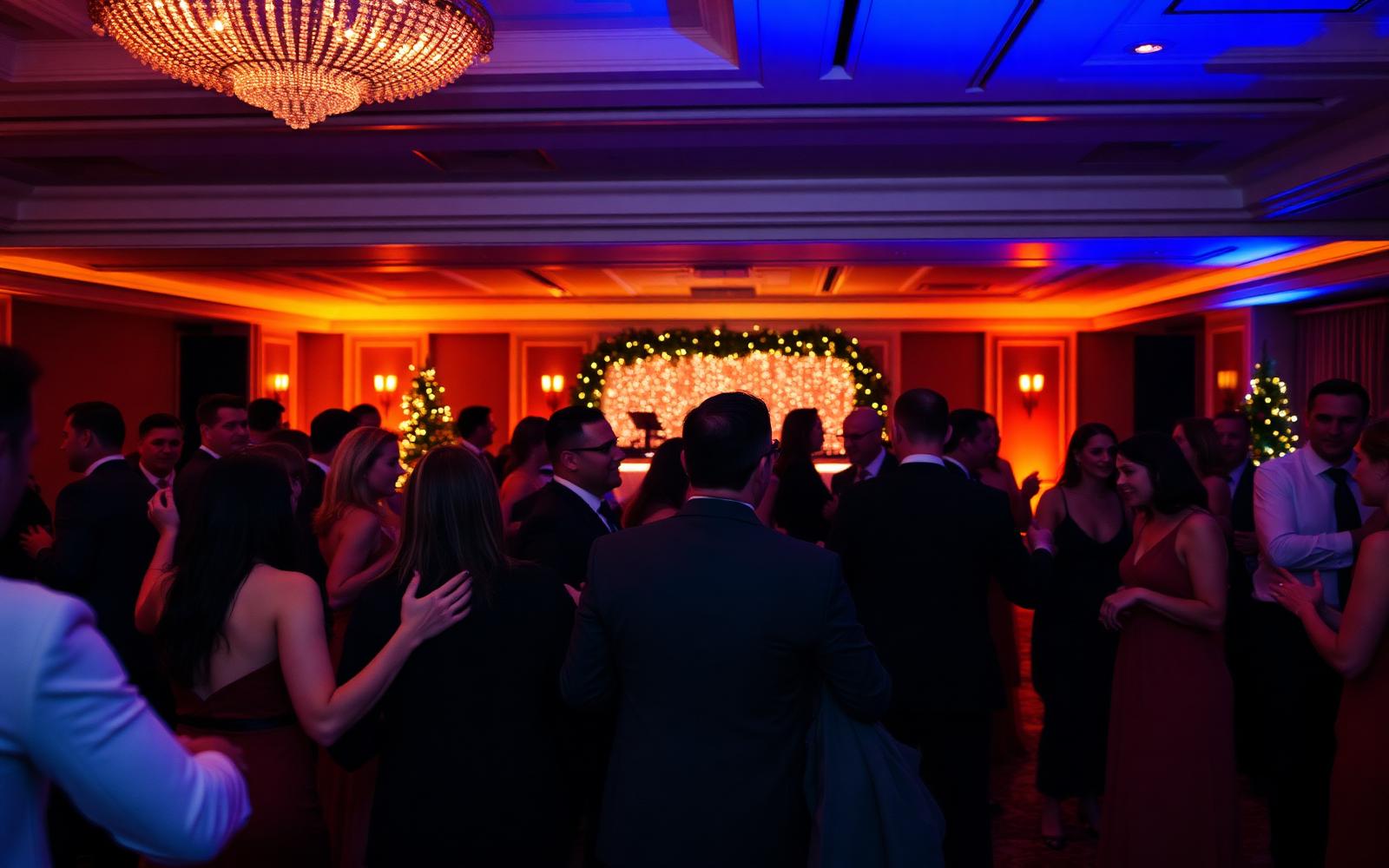 Guests dancing at a Cambridge company holiday party with amber uplighting