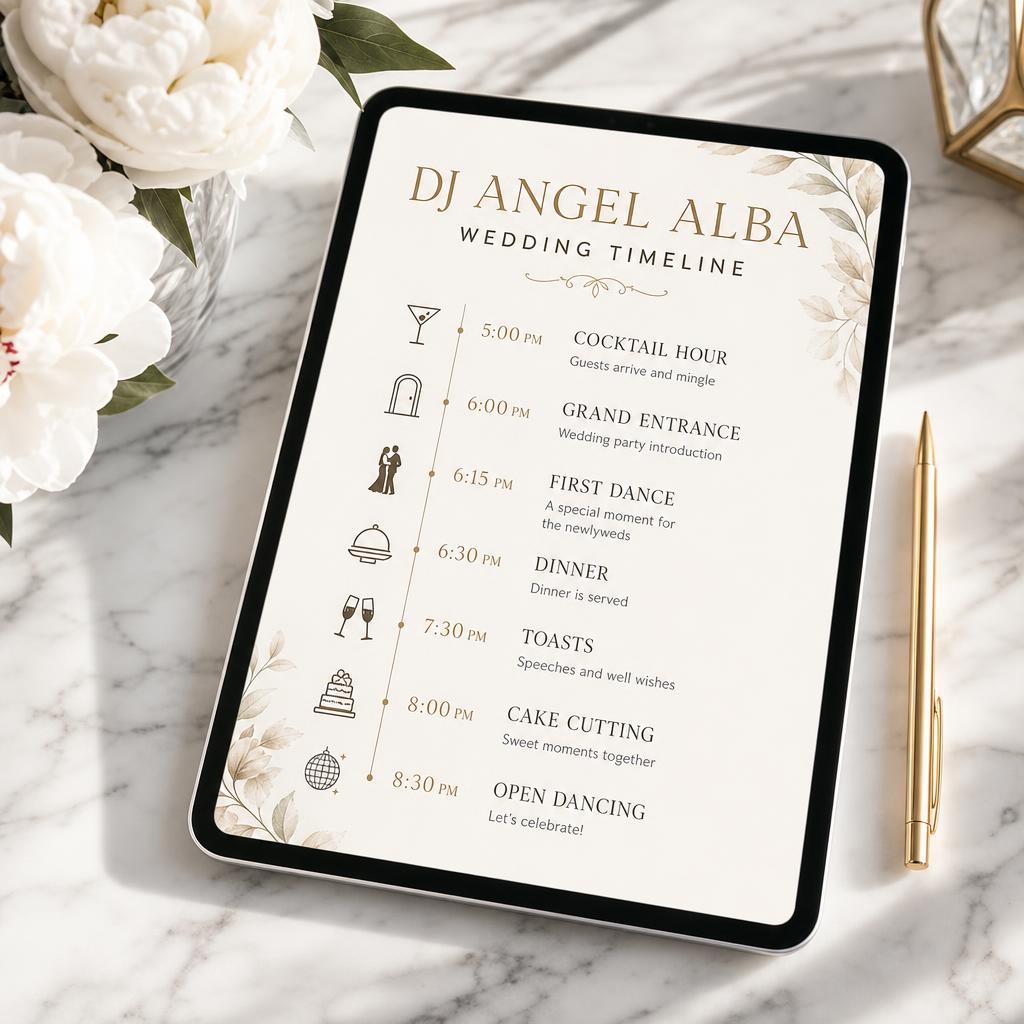 iPad on a marble desk displaying the DJ Angel Alba Wedding Timeline with white peonies