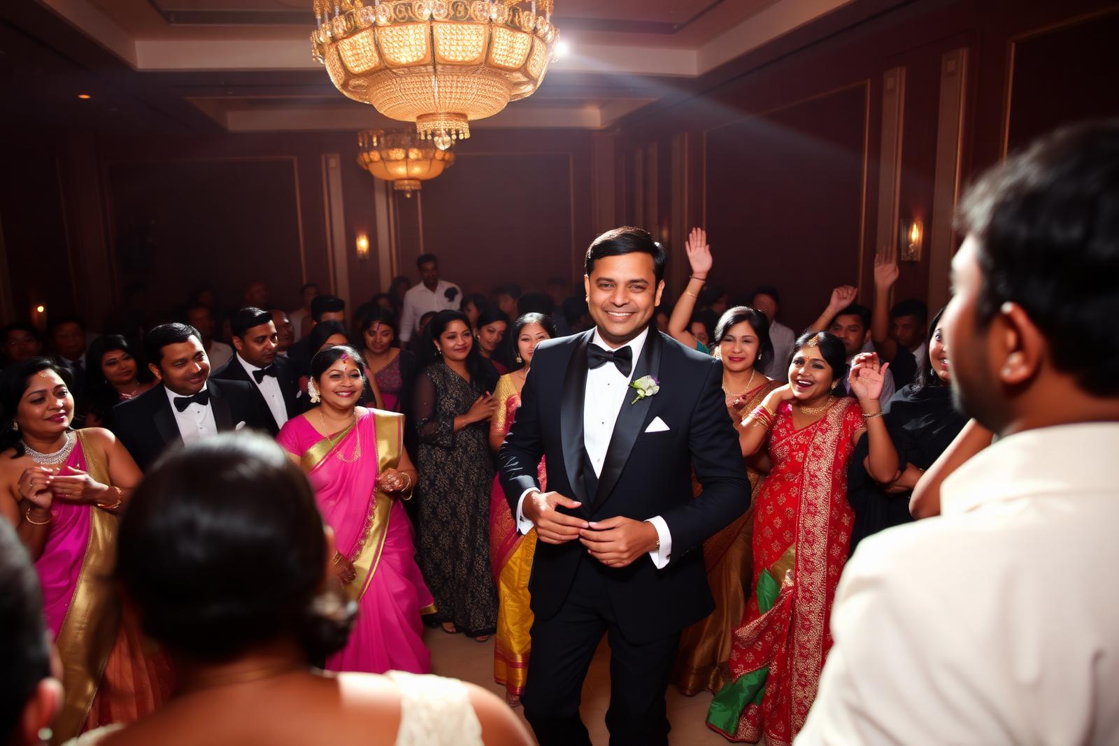 Multicultural Indian wedding celebration with joyful guests dancing