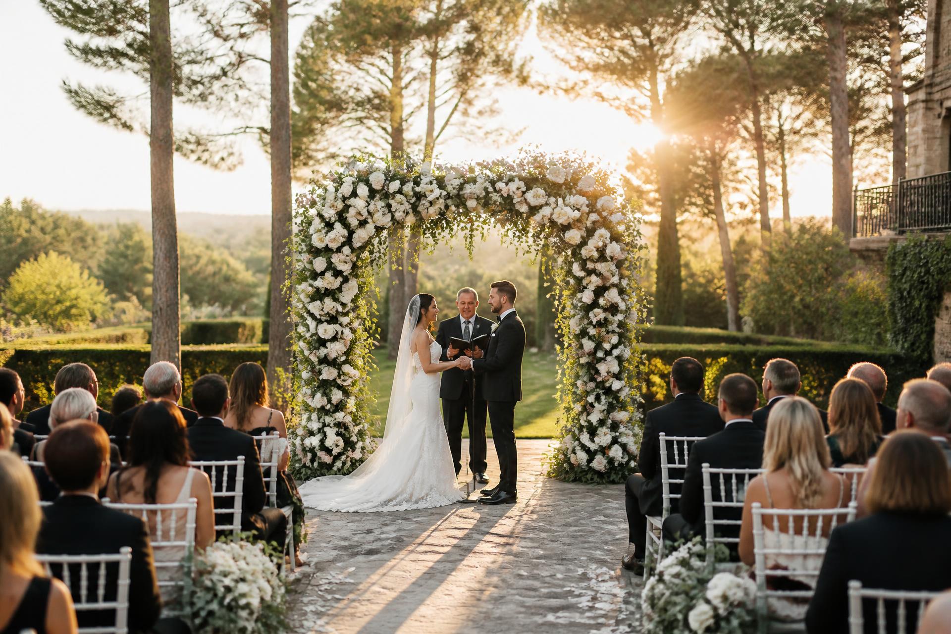 Luxury outdoor wedding ceremony at golden hour with floral arch