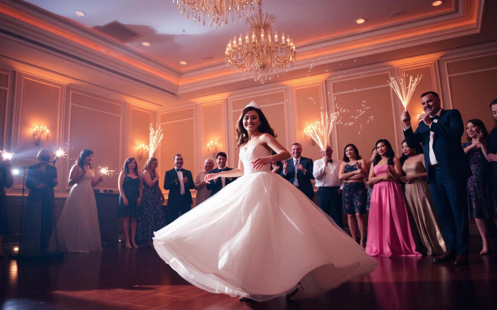 Quinceañera dancing her vals in a ballroom with warm gold uplighting and sparklers