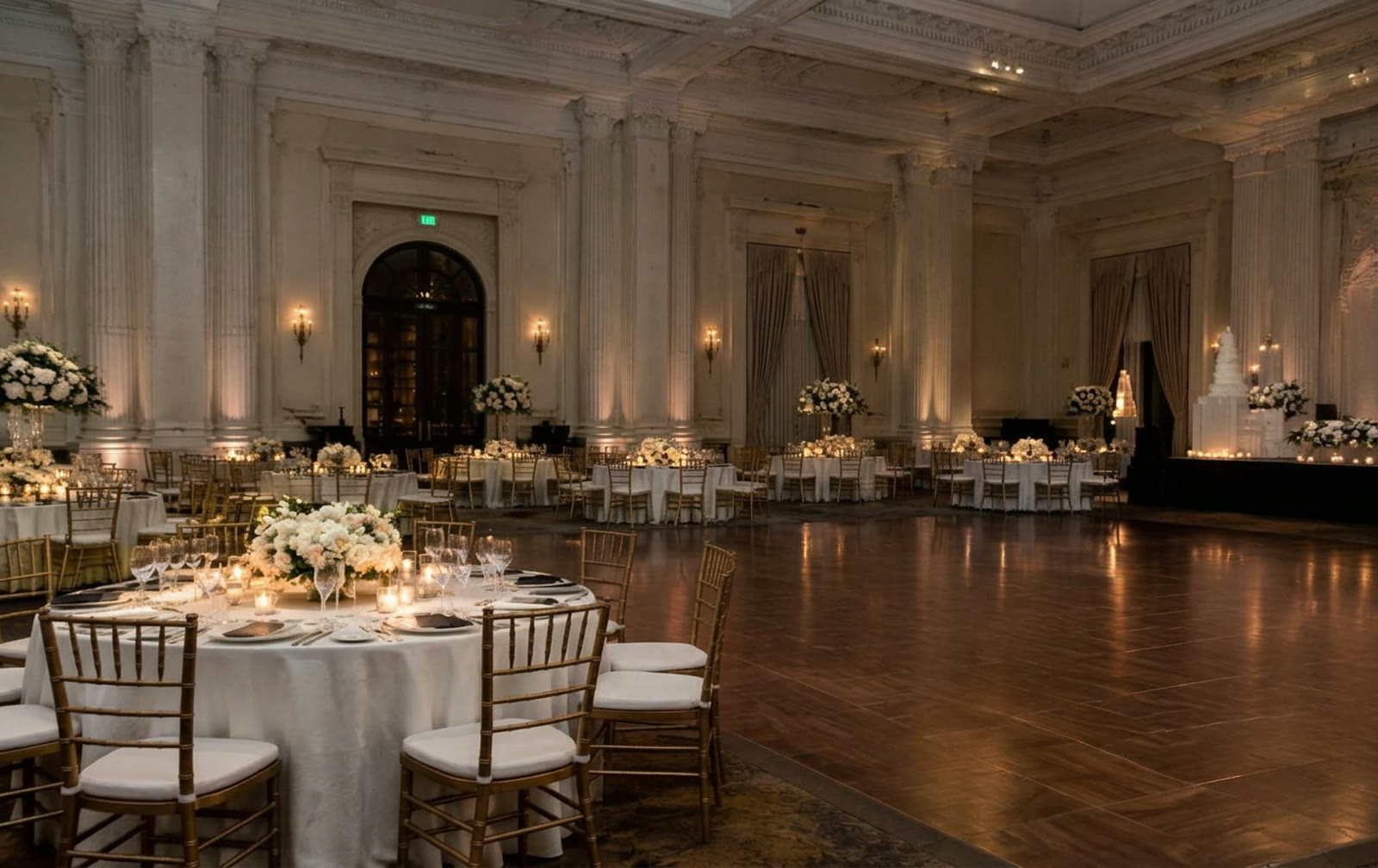 Wedding ballroom shown without uplighting and with warm blush uplighting — without with uplighting