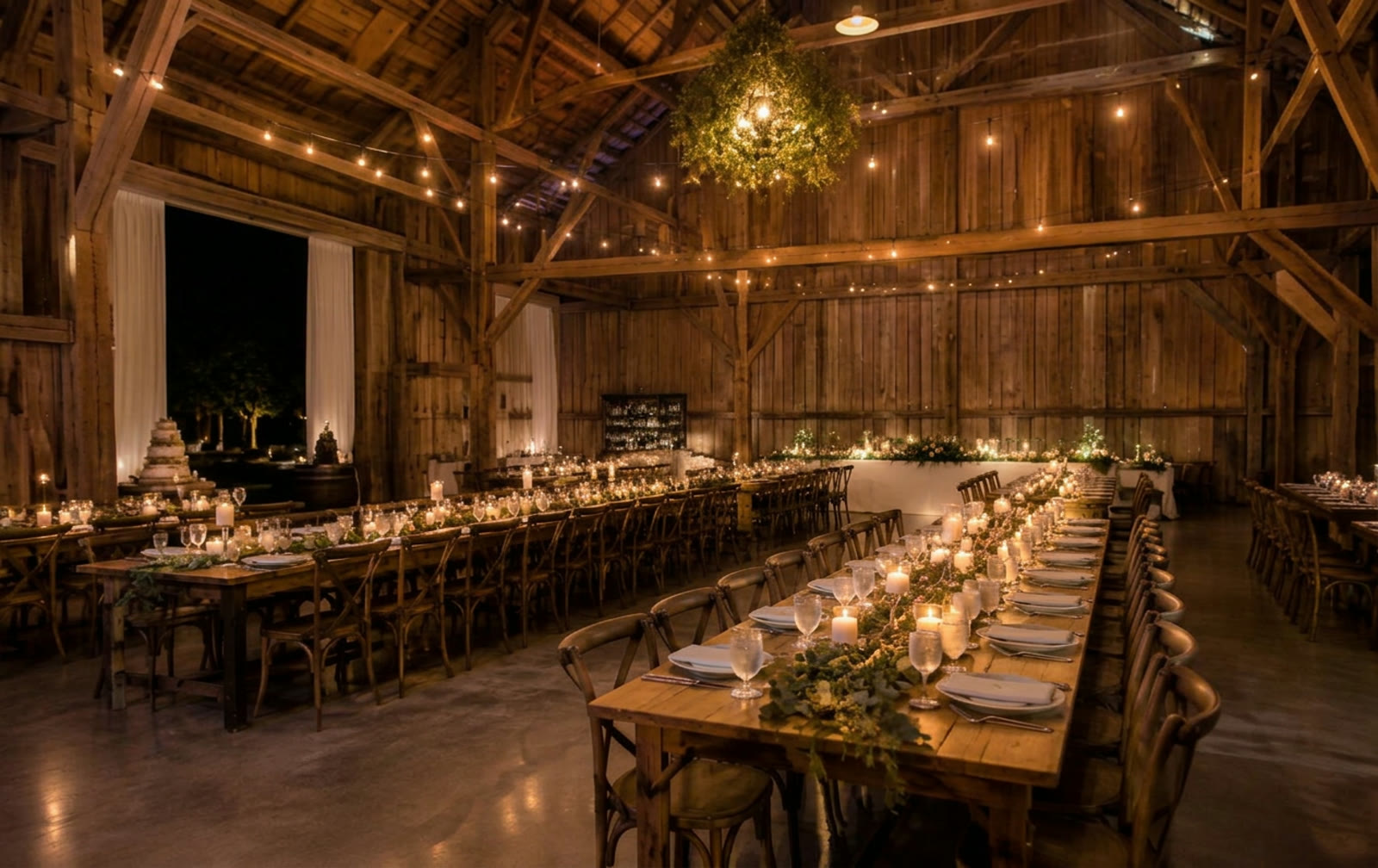 Rustic barn reception shown without uplighting and with blue and violet uplighting — without with uplighting