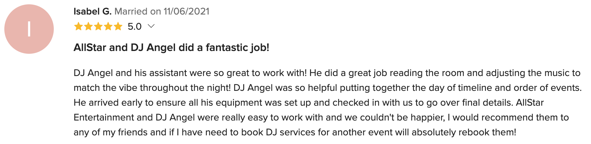 Massachusetts wedding Best DJ 5 star client review