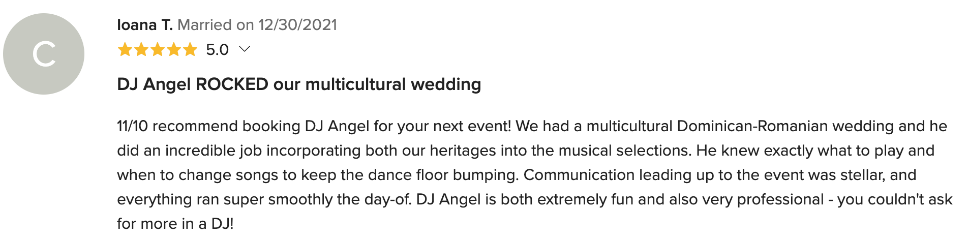 Massachusetts wedding DJ 5 star client review